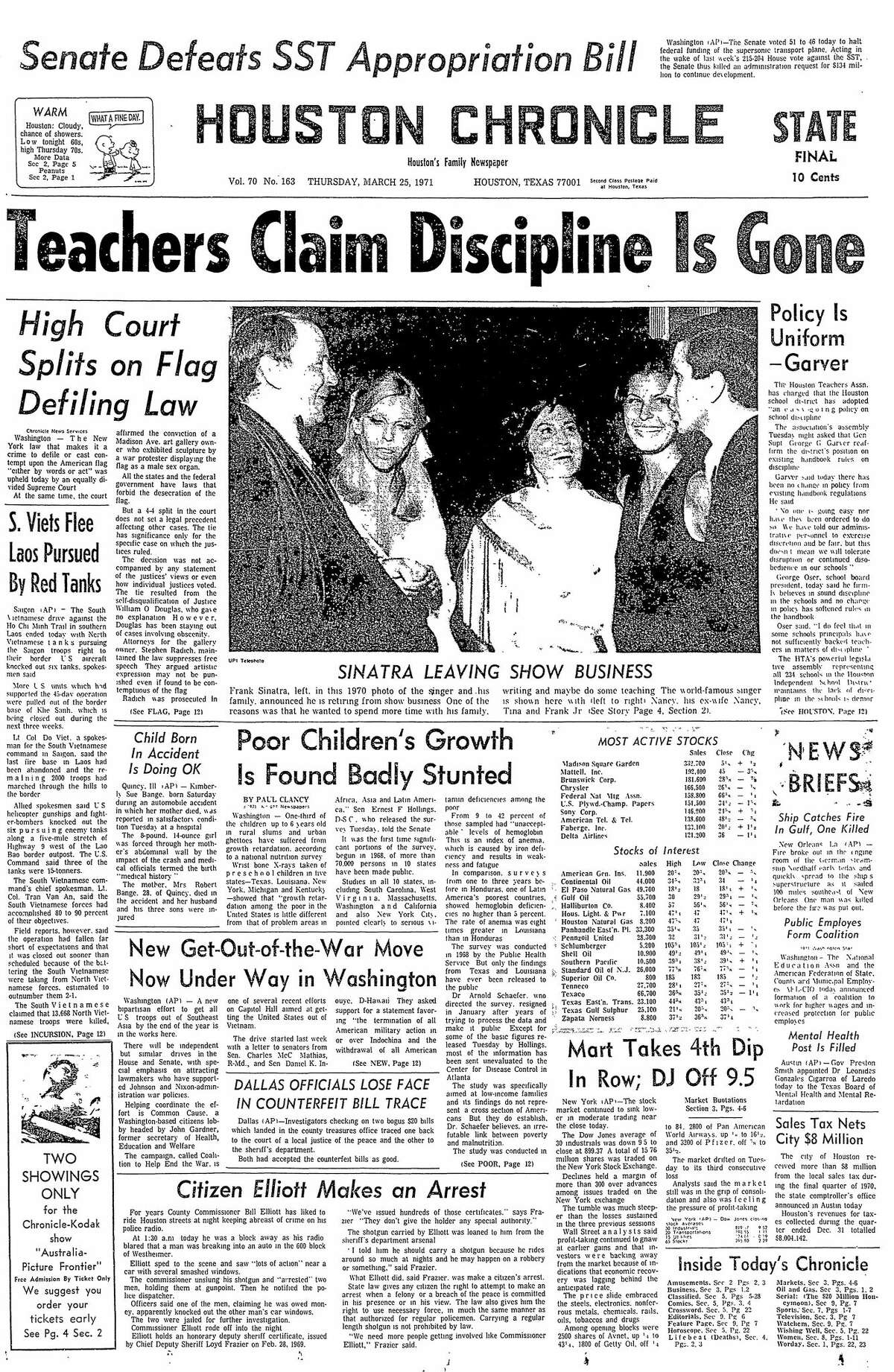 Houston Chronicle front page from March 25, 1971.