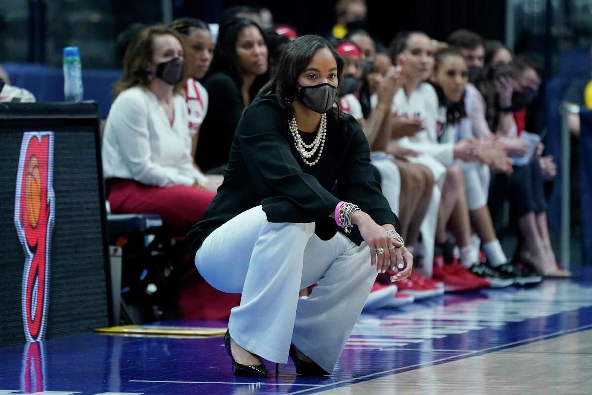 Georgia head coach Joni Taylor watches from the sideline in the second half of an NCAA college basketball game against Alabama at the women's Southeastern Conference tournament Thursday, March 3, 2022, in Nashville, Tenn. (AP Photo/Mark Humphrey)