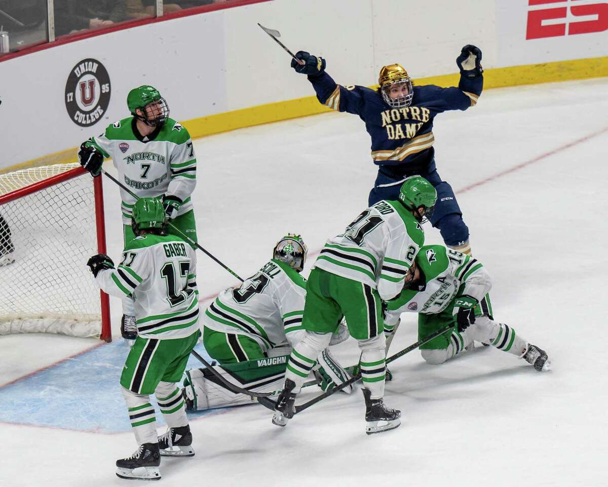 Notre Dame forward Landon Slaggert celebrates what would have been the game winning goal but it was ruled to have come after time ran out against North Dakota. Notre Dame wound up winning in overtime to advance to Saturday's Albany Regional final against Minnesota State.