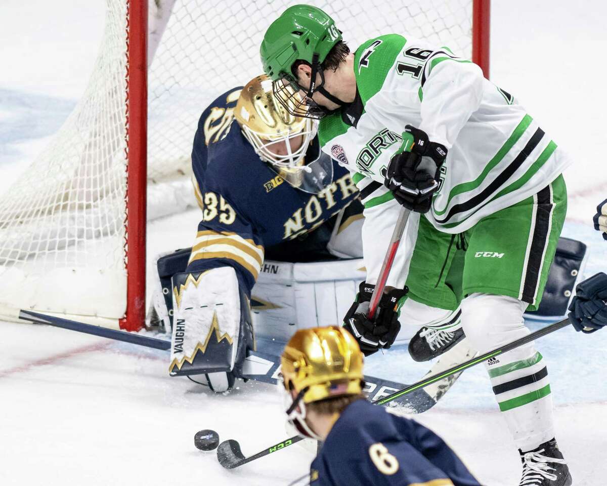 Notre Dame goalie Matthew Galajda makes a save against North Dakota. He and the Fighting Irish will be taking on No. 1-ranked Minnesota State.