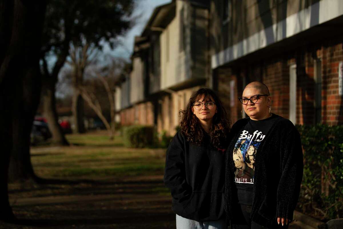 Luna Mestre-Colón, 15, posed with her mother, Angelique, outside their home in Garland in March. Luna attends Garland High School and has struggled to get time with the school counselor when she has an anxiety attack. The two have been trying to get Luna help for her depression and anxiety for years.