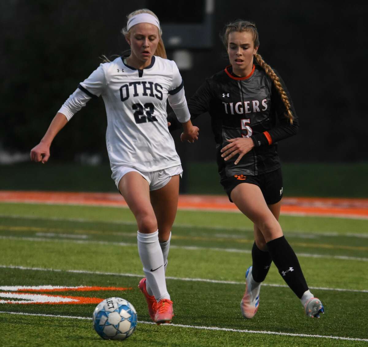Edwardsville's Blakely Hockett, right, scored the game's only goal in a 1-0 victory over Collinsville on Tuesday in Collinsville.