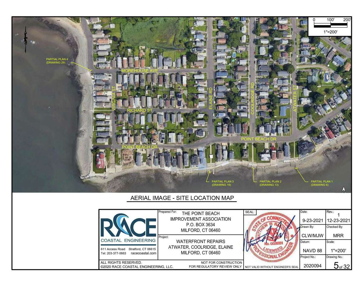 An aerial photo of the Point Beach area of Milford, showing the locations for proposed repairs to the seawall and stairs.