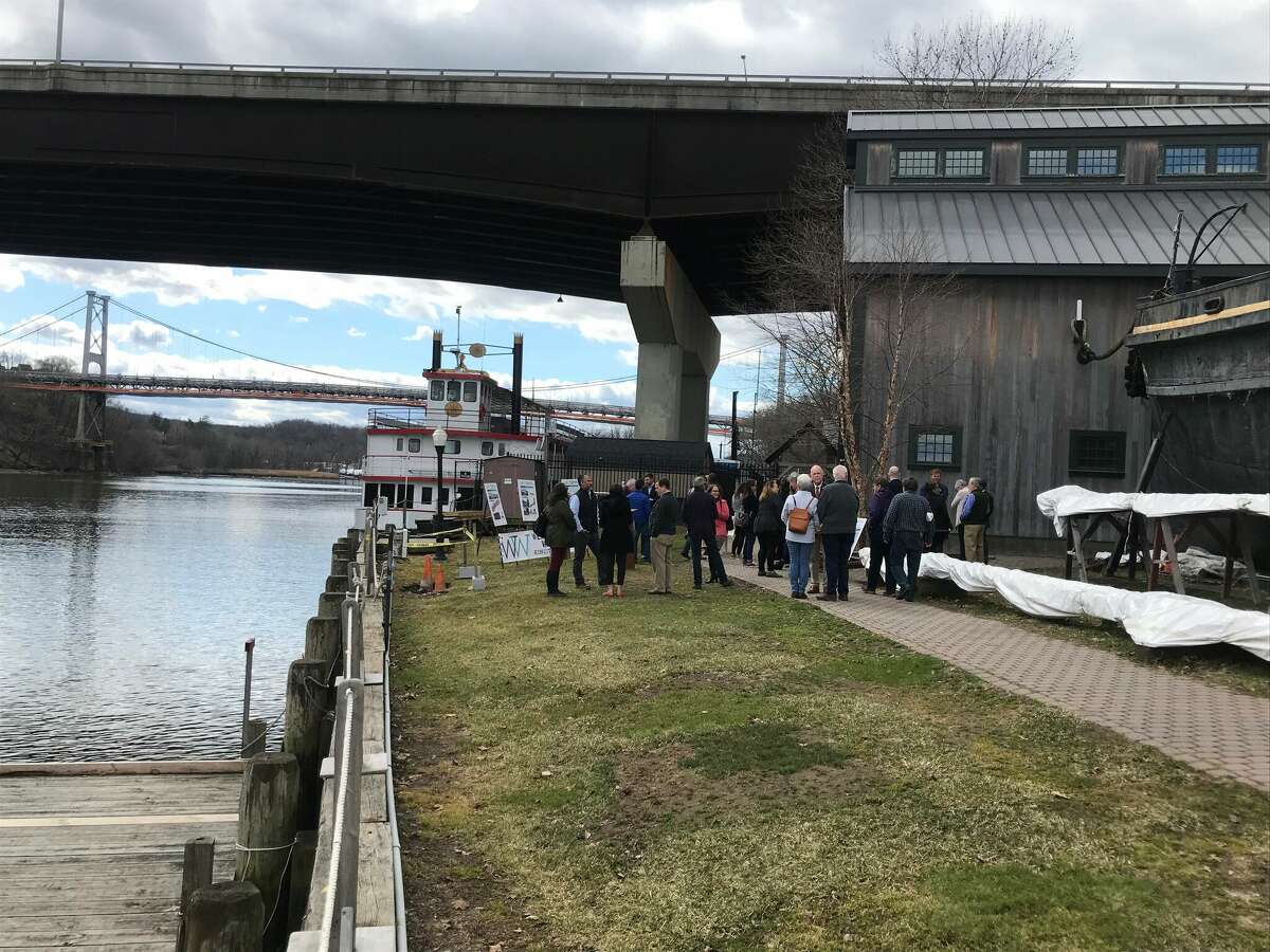 Ulster County officials gather before an appearance by Senator Chuck Schumer on March 25, 2022 along the Rondout Creek in Kingston.