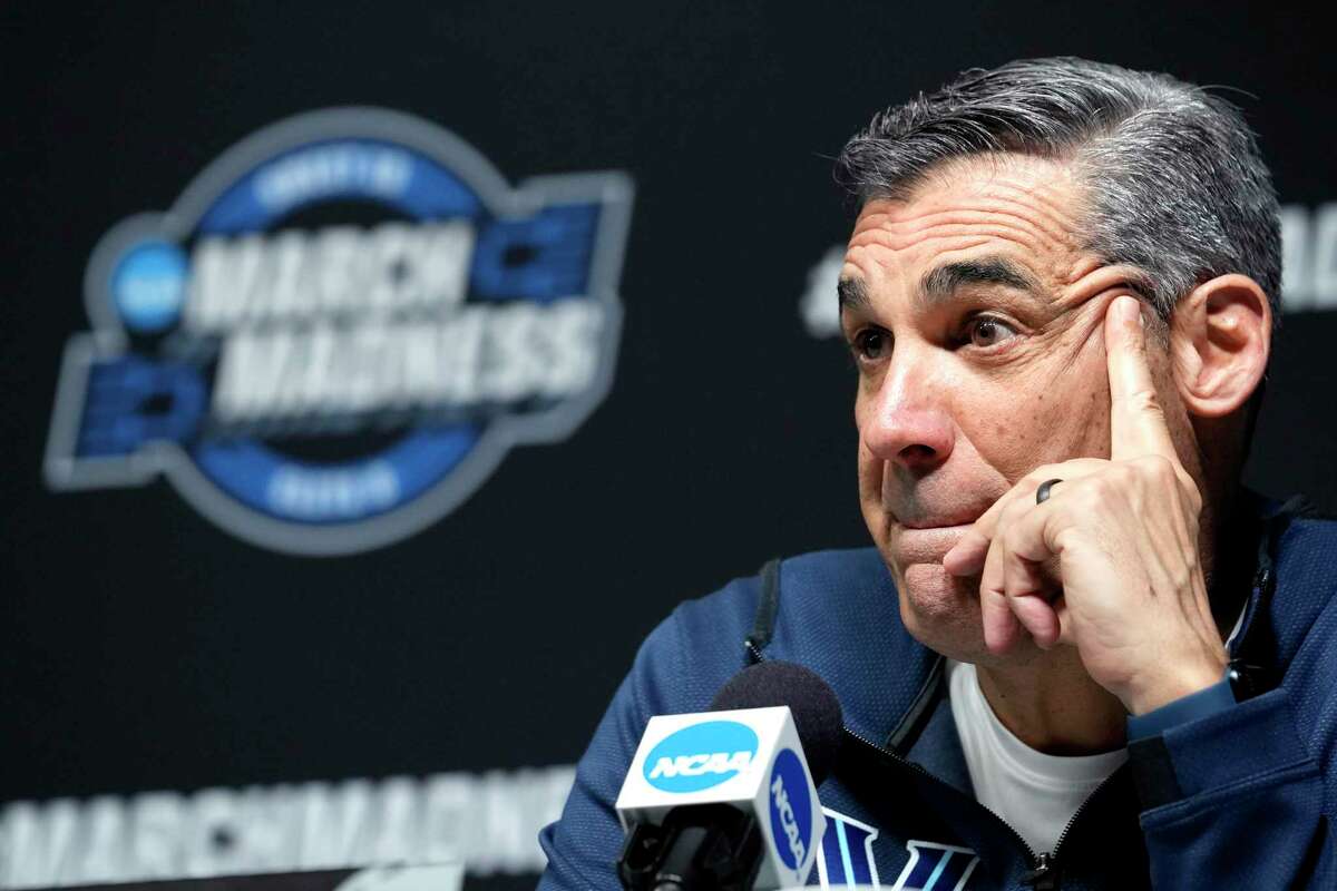 Villanova head coach Jay Wright answer questions during a news conference leading up to the NCAA South Region men’s basketball final against Villanova Friday, March 25, 2022 in San Antonio.