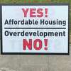 This sign popped up in many front yards around New Canaan, after an application for a 102-unit multifamily building, with 31 affordable housing units was submitted for on Weed Street and Elm Street. March 2022.
