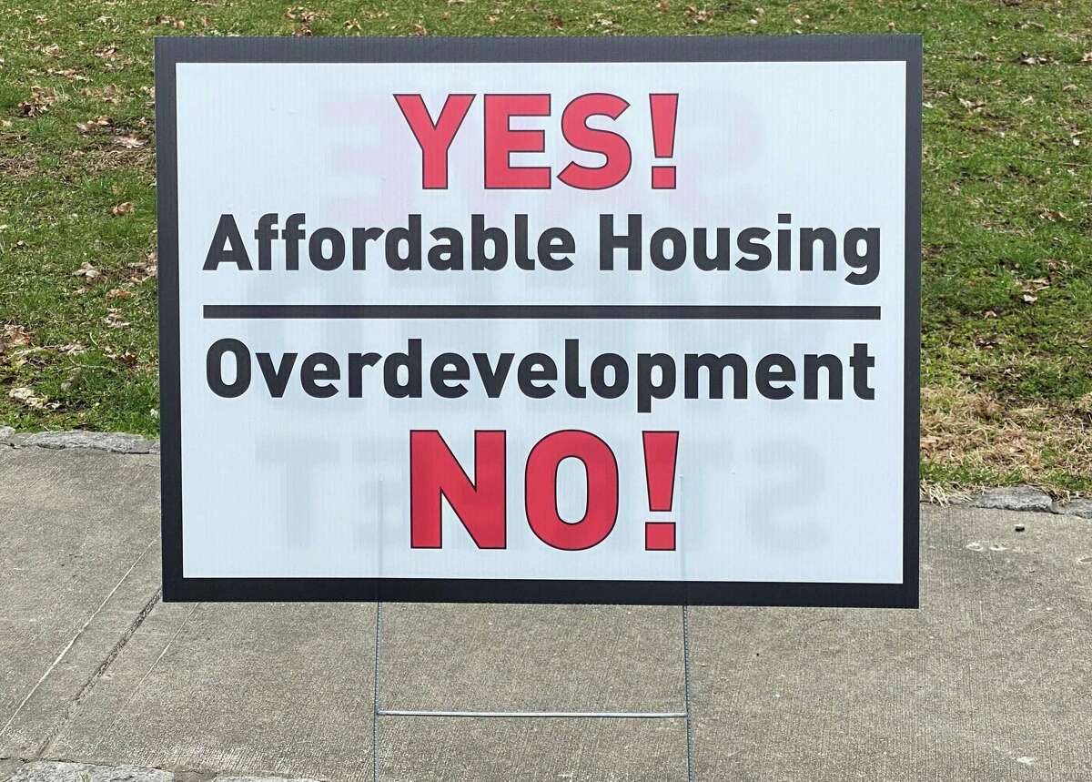 This sign popped up in many front yards around New Canaan, after an application for a 102-unit multifamily building, with 31 affordable housing units was submitted for on Weed Street and Elm Street. March 2022.