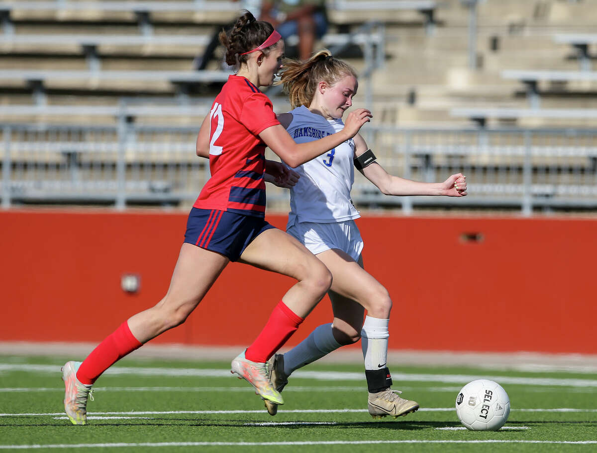 Riley Leger (3) and Tori Novak (12) race for the ball due the Hamshire Fannett vs Hardin Jefferson playoff game. Photo taken by Jarrod Brown on March 25, 2022 in Beaumont, TX