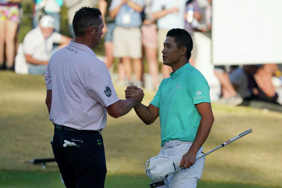 AUSTIN, TEXAS - MARCH 25: Collin Morikawa of the United States shakes hands with Jason Kokrak of the United States after defeating him on the 18th green in their matchh during the third day of the World Golf Championships-Dell Technologies Match Play at Austin Country Club on March 25, 2022 in Austin, Texas. (Photo by Chuck Burton/Getty Images)