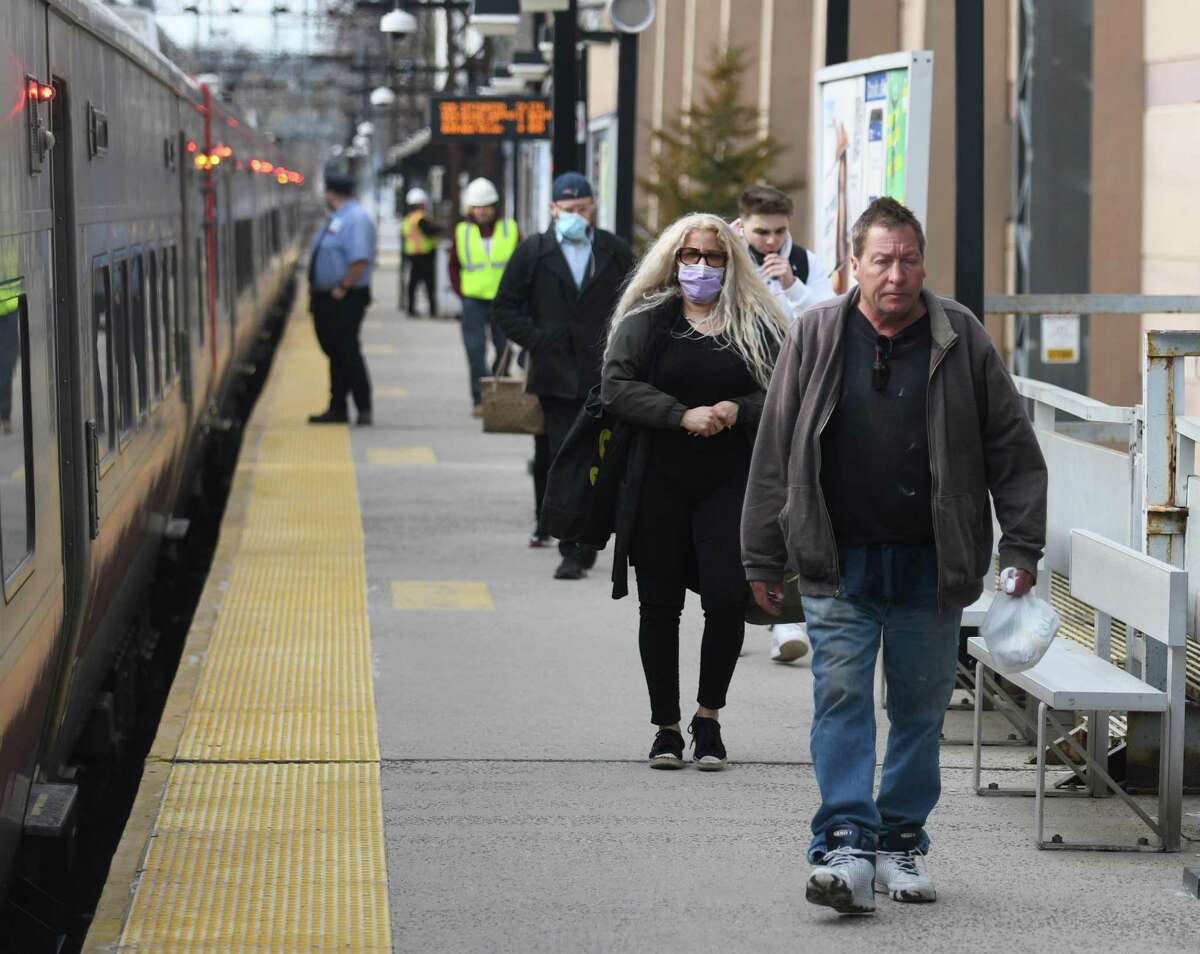 Metro-North passengers at the South Norwalk Train Station in Norwalk, Conn., in late March 2022.