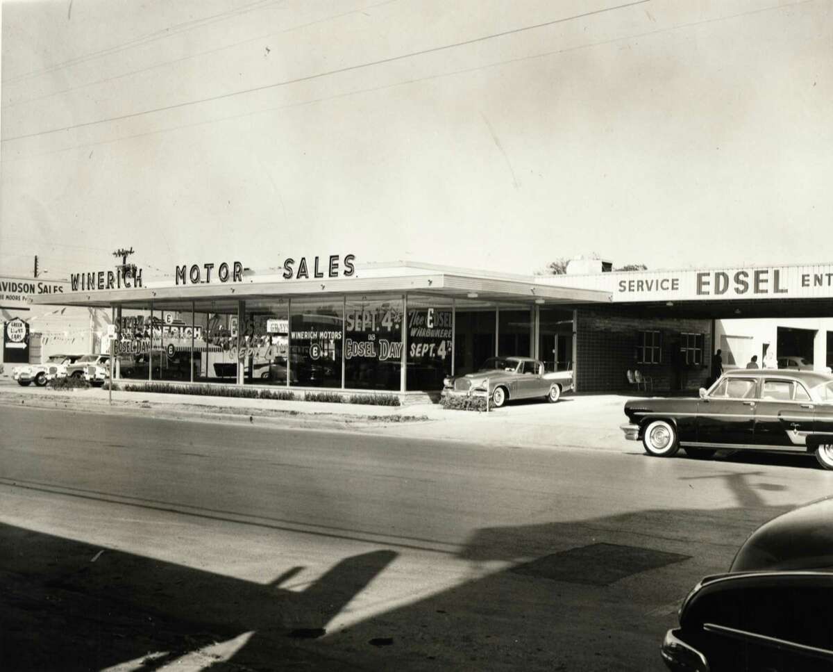 Western Auto, shown here during Fiesta 1950, occupied the ground floor of 300 Broadway (now Herweck’s Art Supply) for 30 years. Winerich Motor Sales, formerly the Woodward Carriage Co., moved in 1915 into the building at 301 Broadway as one of the first and longest-lived auto dealers in the city.