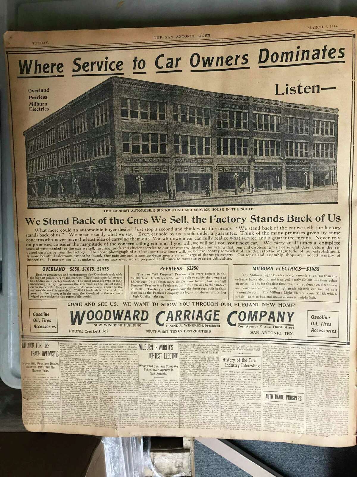 As featured in the San Antonio Light, March 7, 1915, the Woodward Carriage Co., newly opened in the “new Winerich Building” at Avenue C (later Broadway) and Third Street, sold new cars including the Overland. Winerich Motor Sales sold the first Edsel in San Antonio from their 1822 Broadway location, here shown promoting the Sept. 4, 1957, date the new model went on sale.