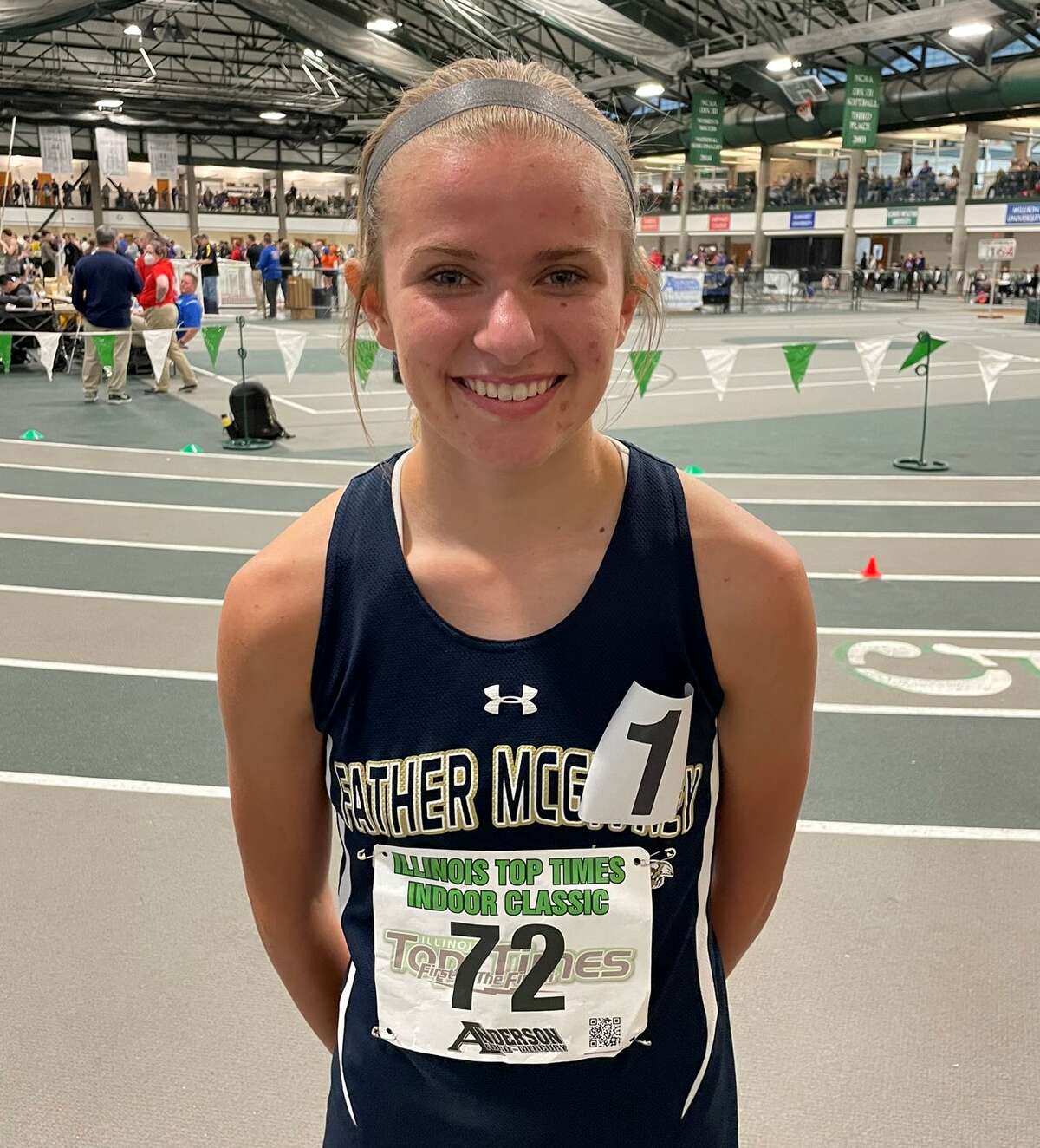 Father McGivney freshman Elena Rybak won the 1,600-meter run at the Class 1A Illinois Top Times Indoor Championships on Friday in Bloomington.