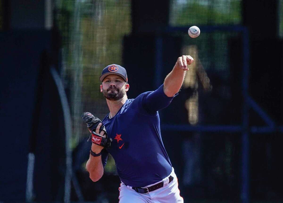 Adam Morgan, left-handed reliever newly signed to a minor league contract throws during Astros spring training workouts at The Ballpark of the Palm Beaches facility on Monday, March 21, 2022 in West Palm Beach.