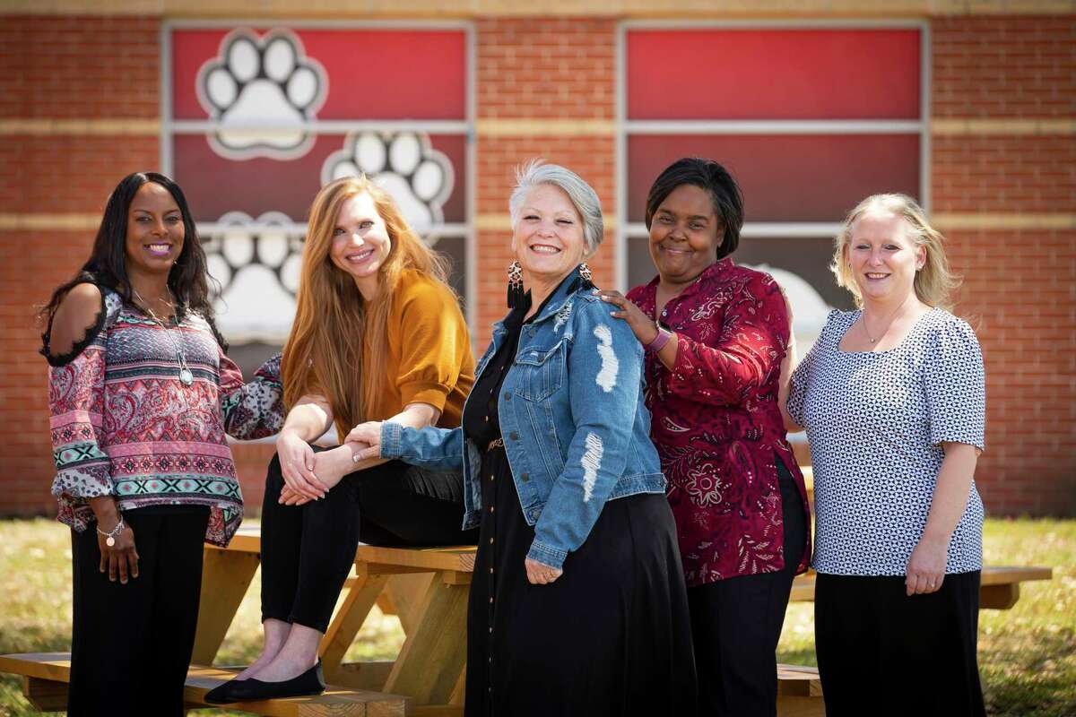 Hitchcock ISD crisis counselor Vickie Rabino, center, with four dedicated school campus counselors, Lorraine Crosby Middle School counselor Sonya Wyche, left, Stewart Elementary School counselor Melissa Arnold, Hitchcock Primary School counselor Belinda Chambers, and Hitchcock High School counselor Christina Cowey, right.
