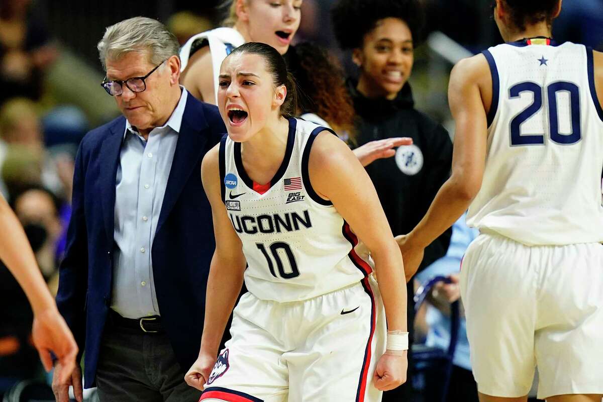 UConn’s Nika Muhl (10) reacts during the first quarter against Indiana on Saturday in Bridgeport.