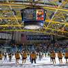 Quinnipiac's men's hockey team lines up at the blue line to honor Team IMPACT teammate Michael Torello before an Oct. 23, 2021 game against North Dakota at Perrotti Arena. Torello died July 30, 2021.