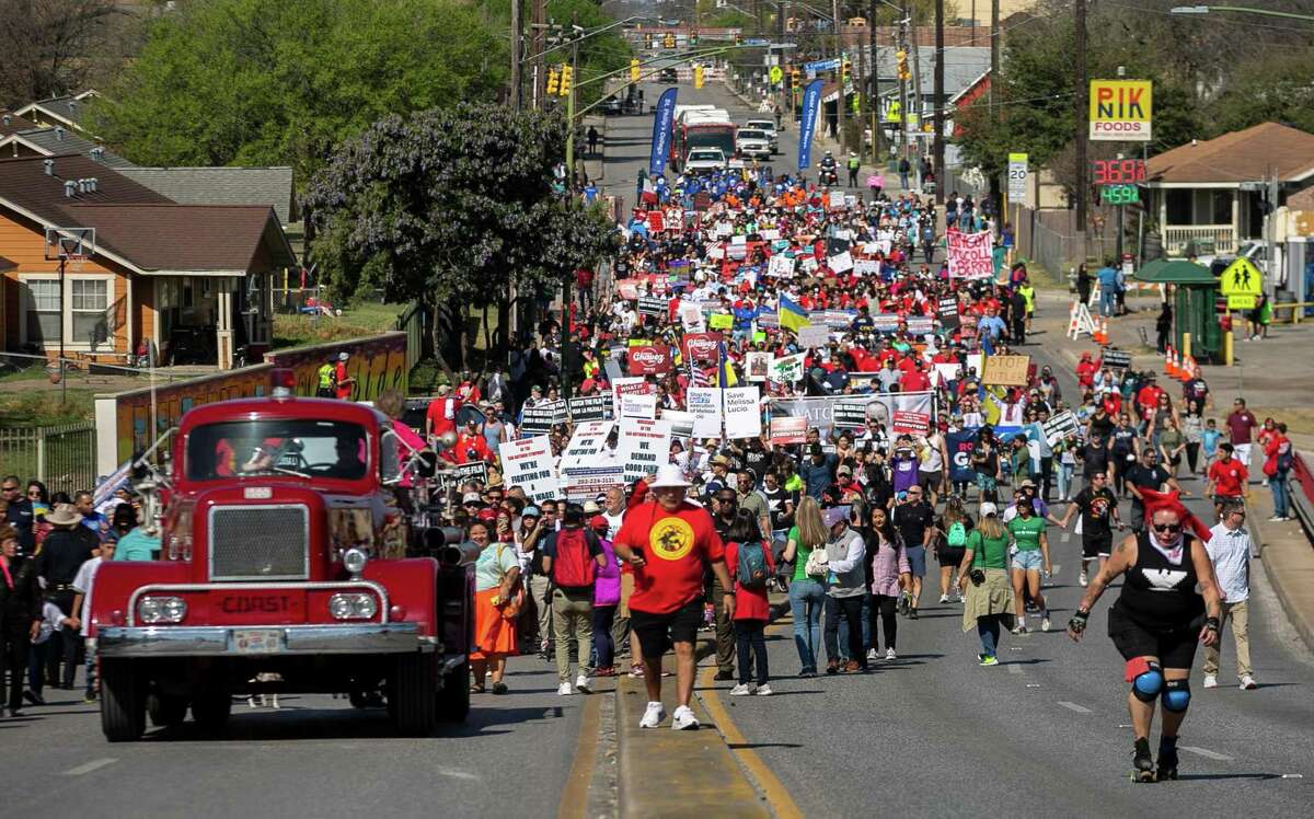 Crowds gathered Saturday for the 26th annual César E. Chávez March for Justice on Guadalupe Street in San Antonio. The march through downtown resumed after a two-year hiatus caused by the COVID-19 pandemic.