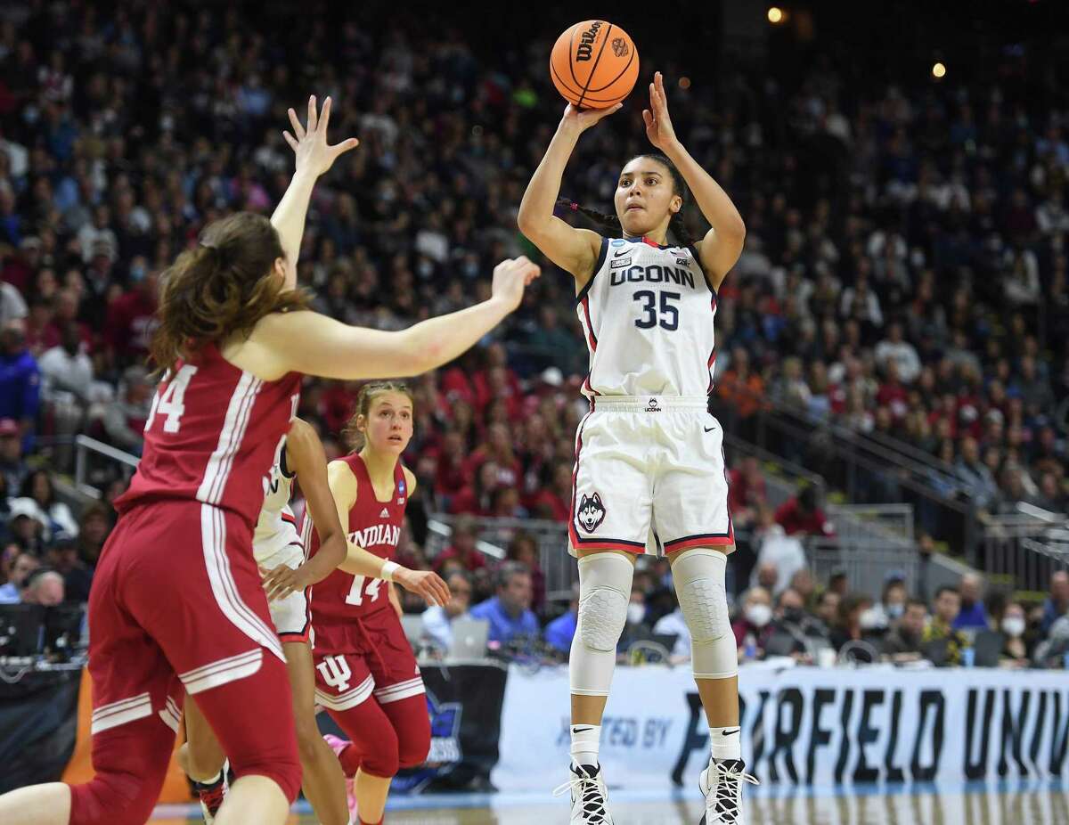 UCONN's Azzi Fudd shoots a jumper during her team's 75-58 defeat of Indiana in their Sweet Sixteen NCAA basketball tournament game at the Total Mortgage Arena in Bridgeport, Conn., on Saturday, March 26, 2022.