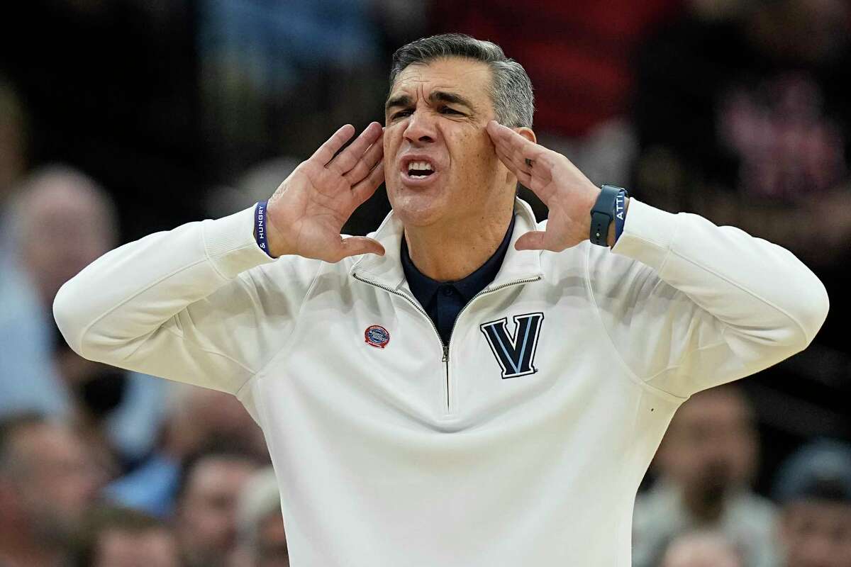 Villanova head coach Jay Wright yells during the first half of a college basketball game against Houston in the Elite Eight round of the NCAA tournament on Saturday, March 26, 2022, in San Antonio.