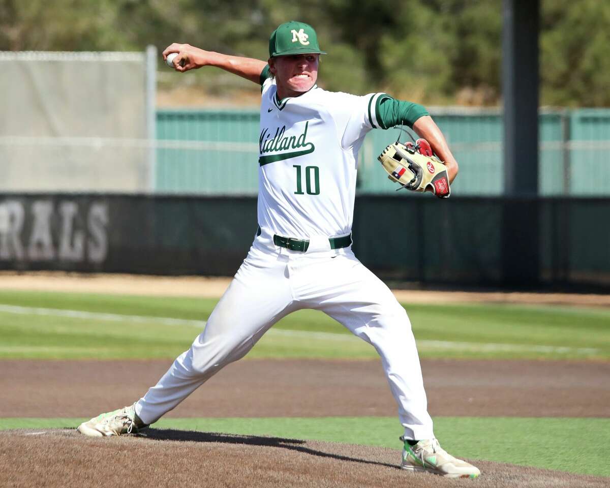 Midland College's Even Hebert throws a pitch against New Mexico Military Institute on 3/26/2022 at Christensen Stadium