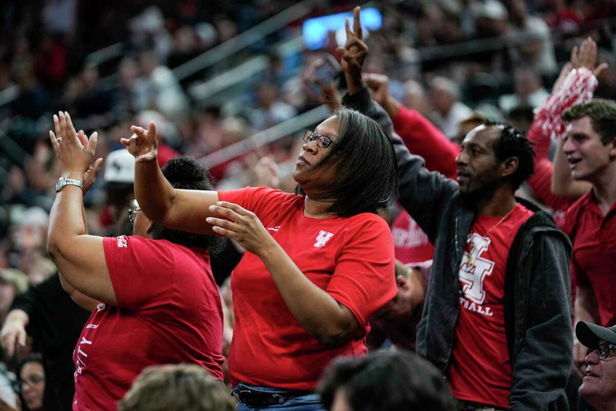 Houston fans cheer during the second half of an NCAA South Region men’s basketball final Saturday, March 26, 2022 in San Antonio. Villanova eliminated the Cougars with a 50-44 win, with the Wildcats advancing to the Final Four.