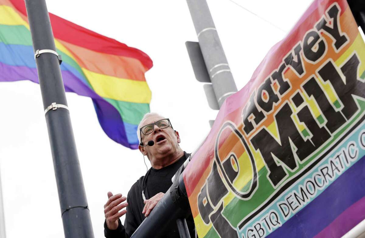 LGBTQ activist and leader Cleve Jones announces that he is going to stay and fight the doubling of the rent on his apartment during a rally in San Francisco’s Castro district.