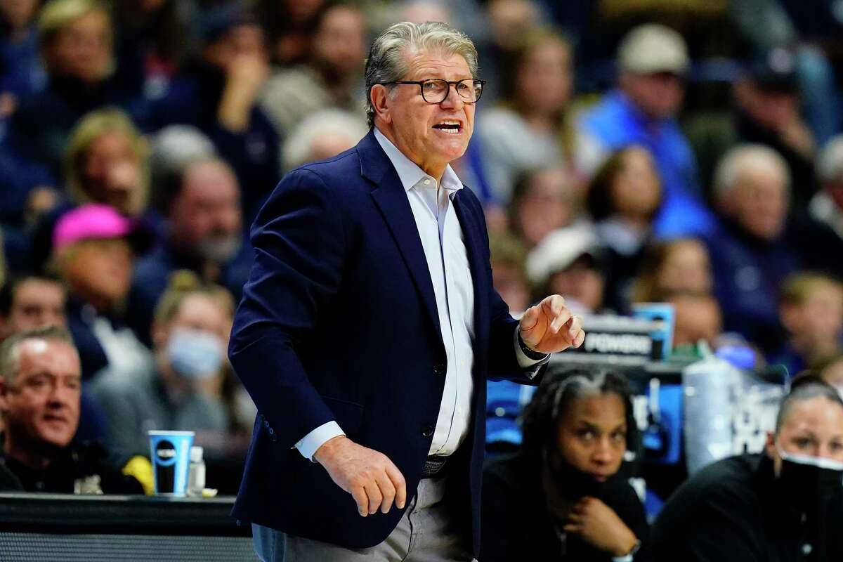 Connecticut head coach Geno Auriemma reacts during the fourth quarter of a college basketball game against Indiana in the Sweet Sixteen round of the NCAA women's tournament, Saturday, March 26, 2022, in Bridgeport, Conn. (AP Photo/Frank Franklin II)