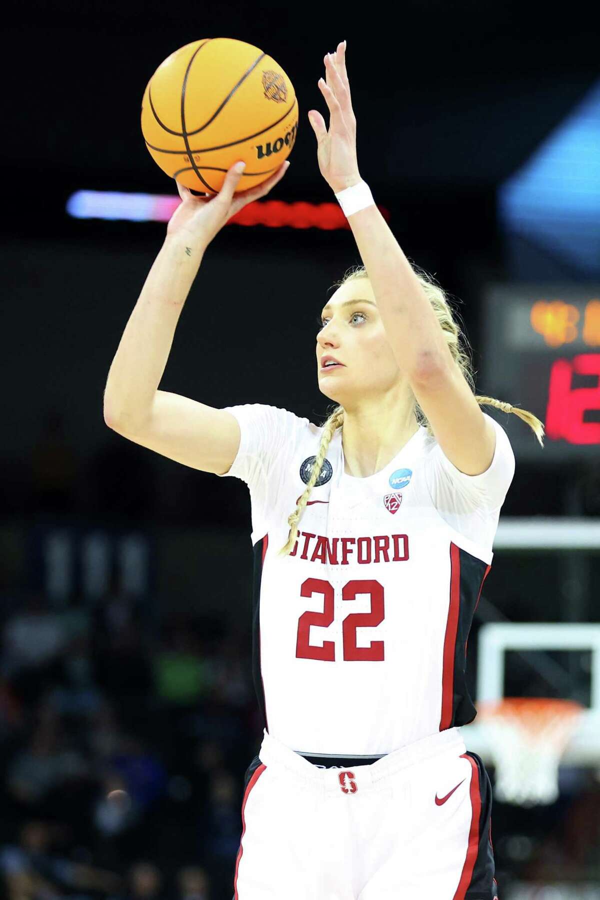 SPOKANE, WASHINGTON - MARCH 27: Cameron Brink #22 of the Stanford Cardinal shoots the ball during the third quarter against the Texas Longhorns in the NCAA Women's Basketball Tournament Elite 8 Round at Spokane Veterans Memorial Arena on March 27, 2022 in Spokane, Washington. (Photo by Abbie Parr/Getty Images)