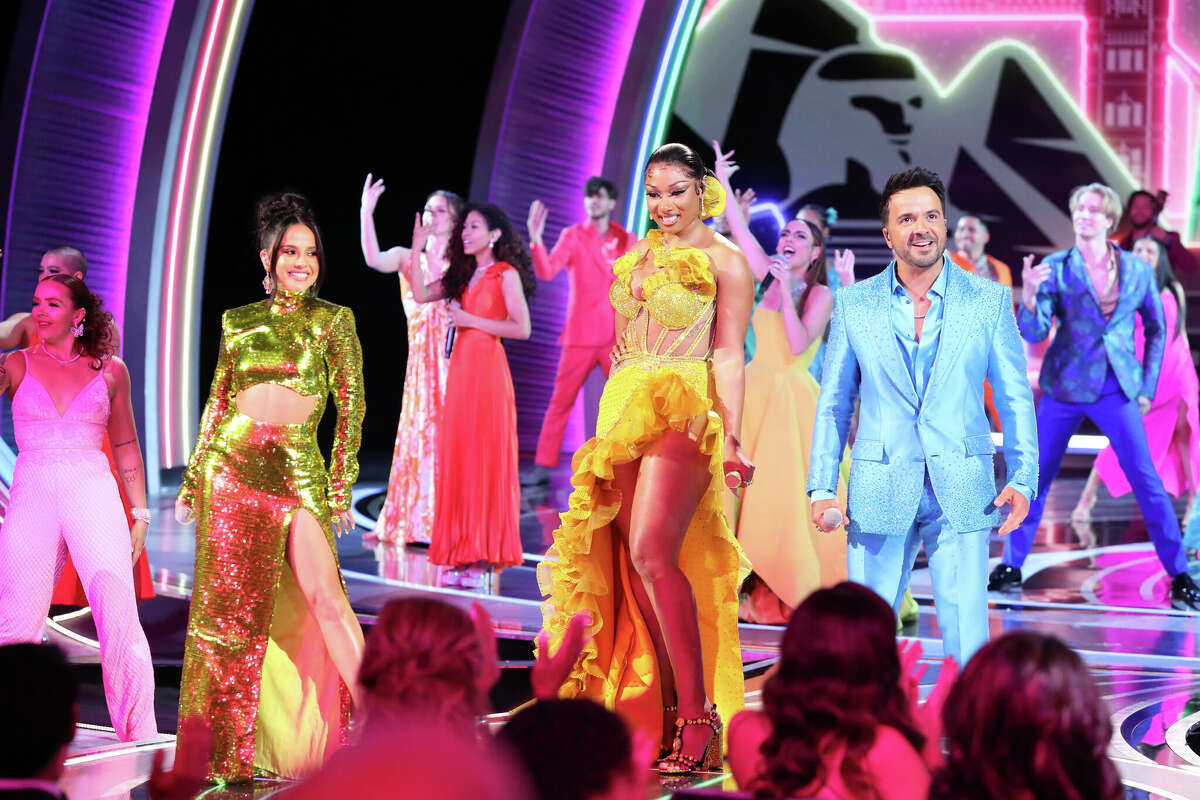 Becky G, Megan Thee Stallion and Luis Fonsi perform "We Don't Talk About Bruno" from Disney's "Encanto" at the 94th Academy Awards.