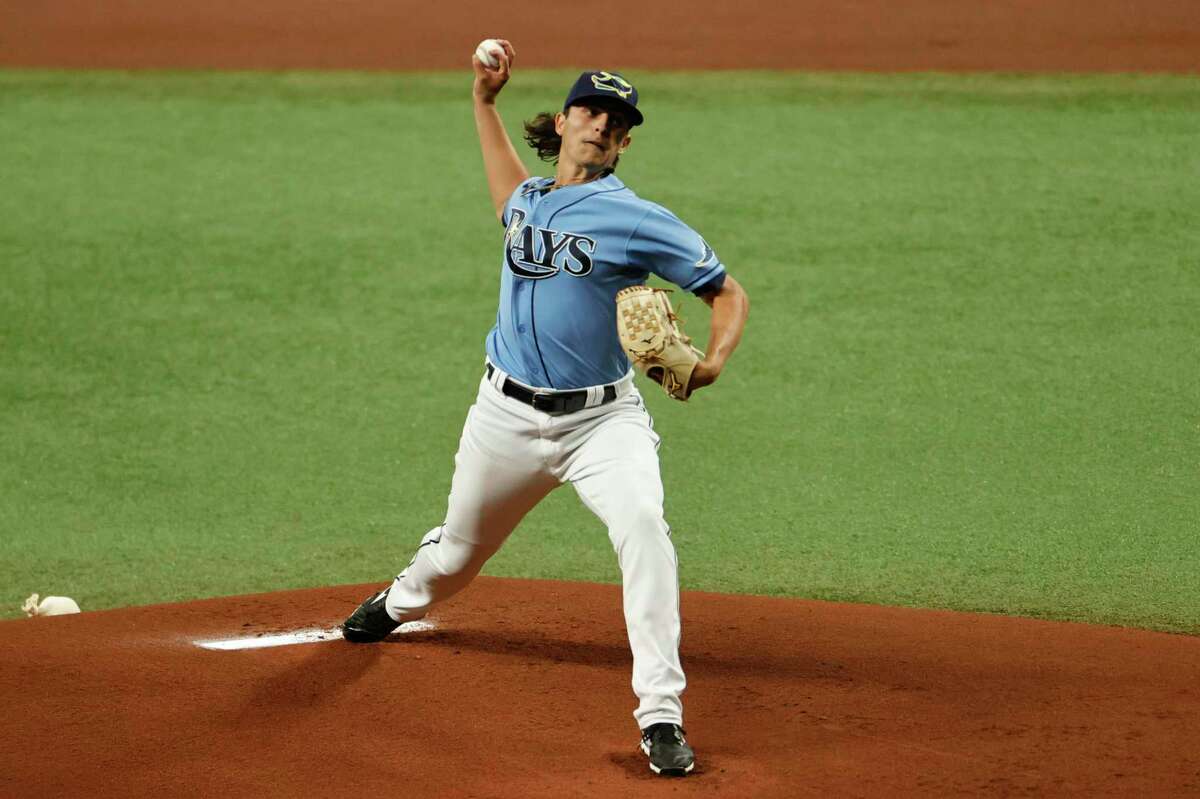 ST PETERSBURG, FLORIDA - APRIL 11: Brent Honeywell Jr. #45 of the Tampa Bay Rays throws a pitch during the first inning of his major league debut against the New York Yankees at Tropicana Field on April 11, 2021 in St Petersburg, Florida. (Photo by Douglas P. DeFelice/Getty Images)