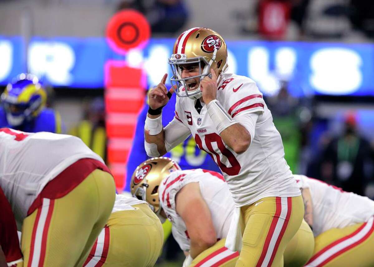 The 49ers’ Jimmy Garoppolo audibles in the fourth quarter of the NFC championship game against the Rams in January.