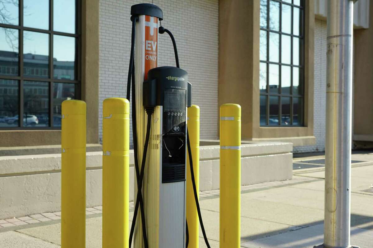 A Chargepoint electric vehicle charger on John Street, adjacent to the Margaret E. Morton Government Center in Bridgeport, Conn.