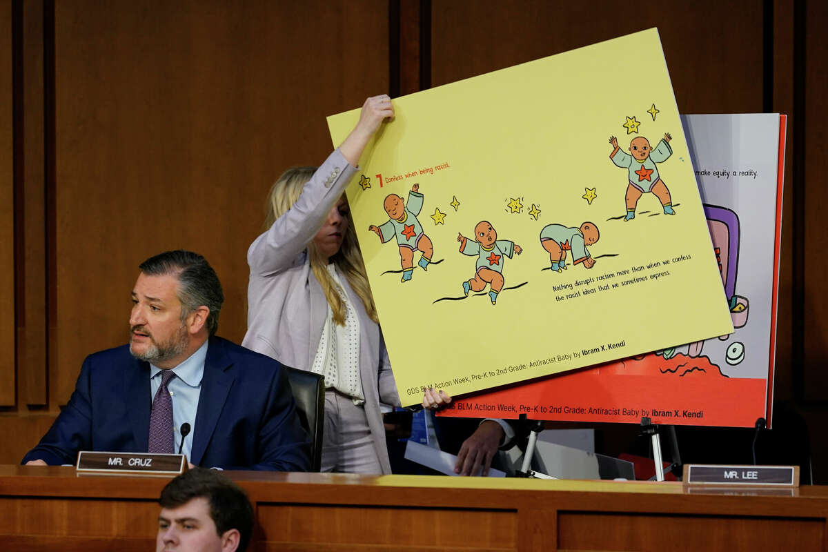 Sen. Ted Cruz, R-Texas, speaks as a visual aid is displayed during Supreme Court nominee Judge Ketanji Brown Jackson confirmation hearing before the Senate Judiciary Committee Tuesday, March 22, 2022, on Capitol Hill in Washington. 