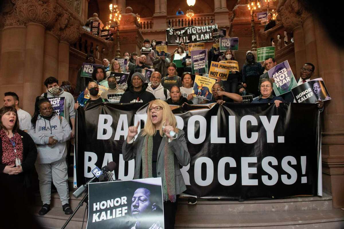 Assemblymember Linda Rosenthal speaks during a rally in favor of the 2019 Bail Reform Bill held at the New York State Capitol on Monday, March 28, 2022 in Albany, N.Y.