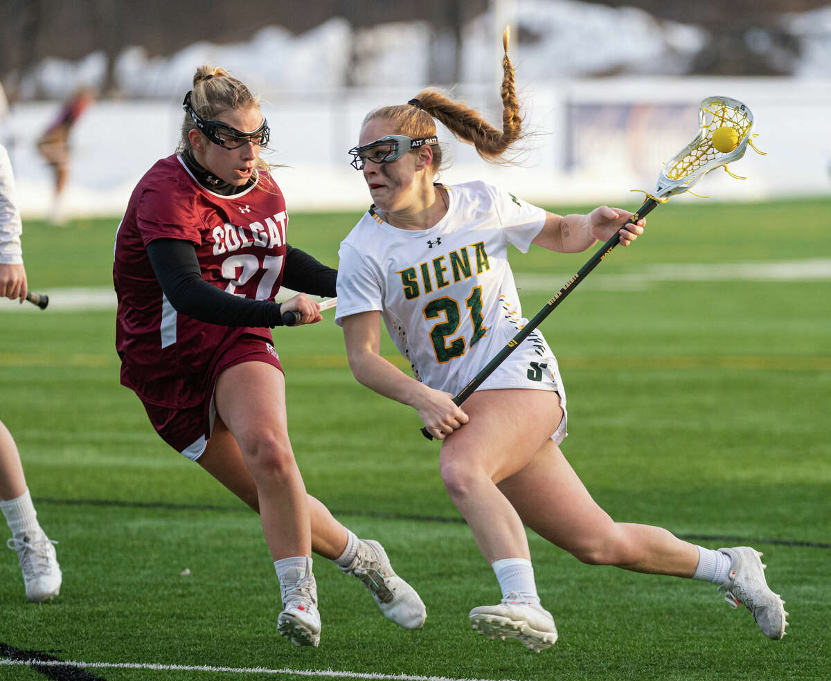 Queensbury graduate and redshirt sophomore Jordan Bentley of Siena, right, seen during the 2022 season, provided the Saints with their first lead of the game on Saturday during an 11-5 victory over Binghamton.