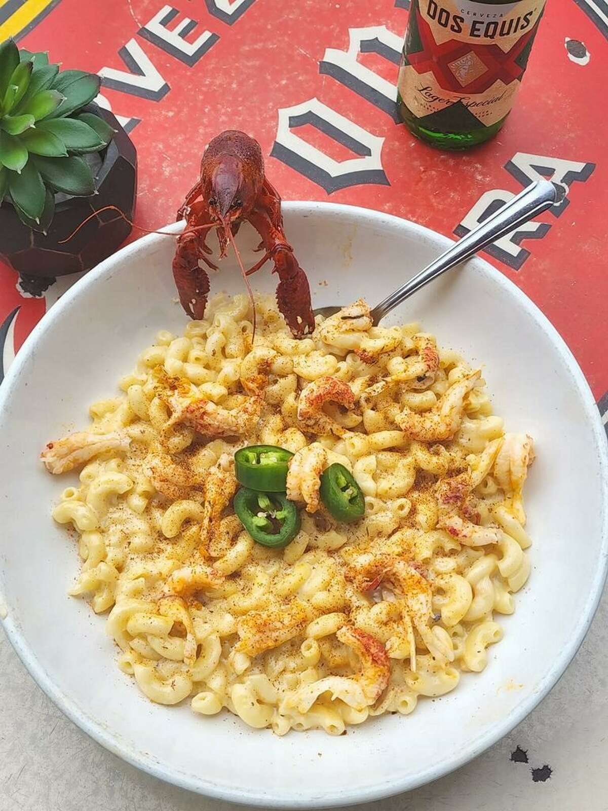 Cactus Cove Bar & Grill offers crawfish macaroni and cheese made with boiled fresh crawfish tails and cheese queso.