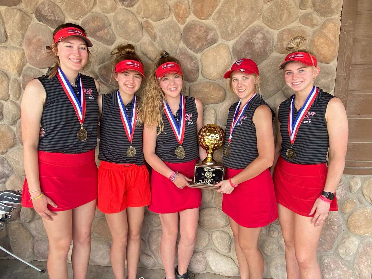 The Garden City girls golf team, from left to right, Bri Halfmann,  Amber Schwartz, Rylee Wood, Kara Roberts, and Shelby Braden, poses after winning the District 8-1A title at Ratliff Ranch Golf Course on 3/28/2022. 