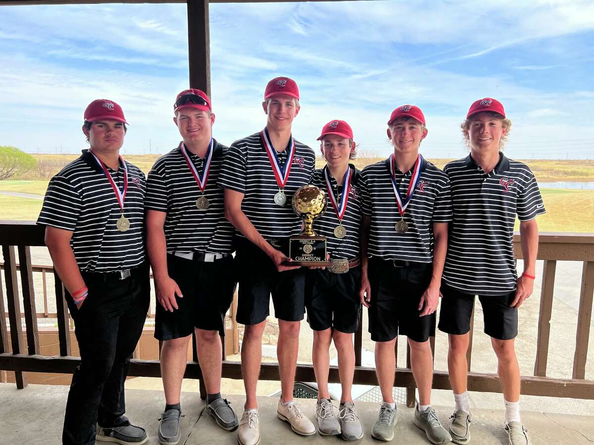 The Garden City boys golf team, from left to right, Brock Braden, Brody Hoelscher, Watlon Marshall, Mason Halfmann, Evan Fuchs, Blain Walts, poses after winning the District 8-1A title at Ratliff Ranch Golf Course. 