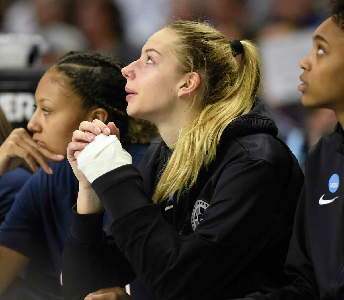 Uonn's Dorka Juhasz wears tape on her injured left wrsit in No. 2 UConn's 91-87 double overtime win against No. 1 NC State in the NCAA women's basketball tournament Elite Eight matchup at Total Mortgage Arena in Bridgeport, Conn. Monday, March 28, 2022.