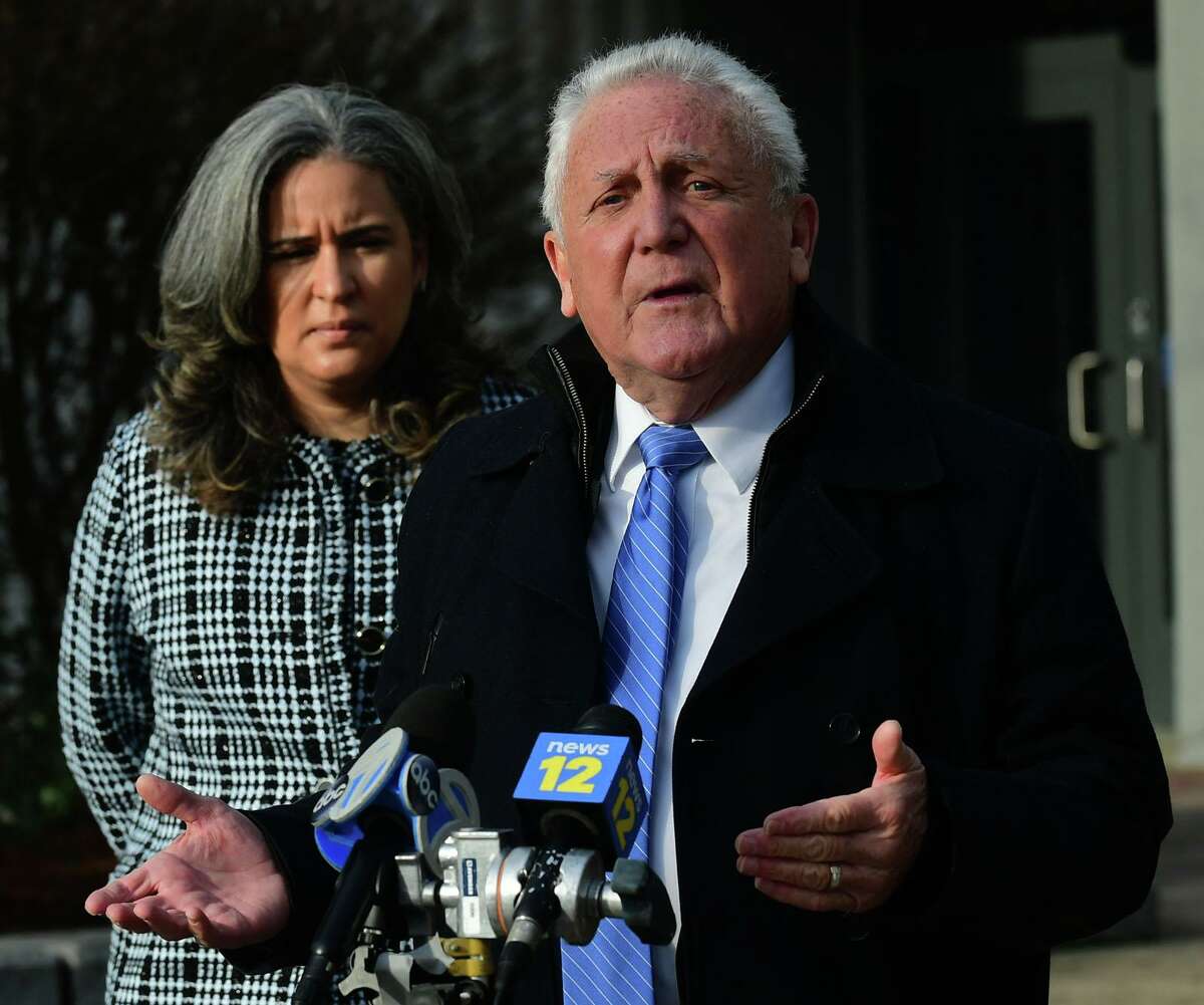 FILE PHOTO: Norwalk Mayor Harry Rilling and Superintendent of Public Schools Alexandra Estrella during a press conference in December 2021.