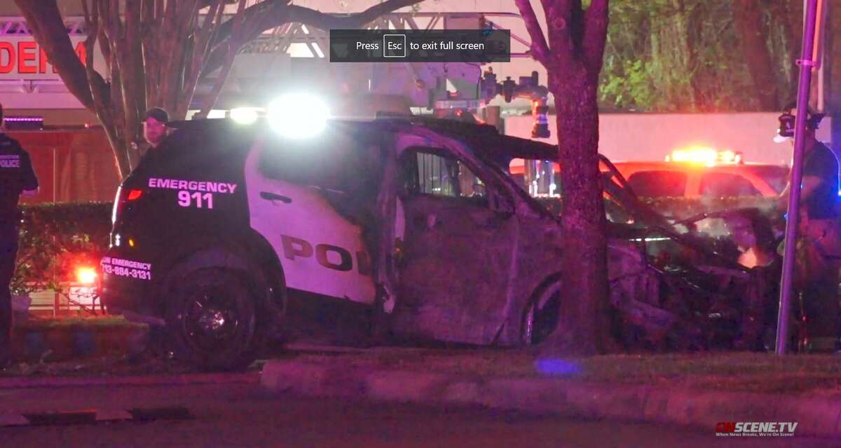 Houston police are investigating a collision involving a police cruiser and a sedan during a pursuit in northwest Houston on March 29, 2022.