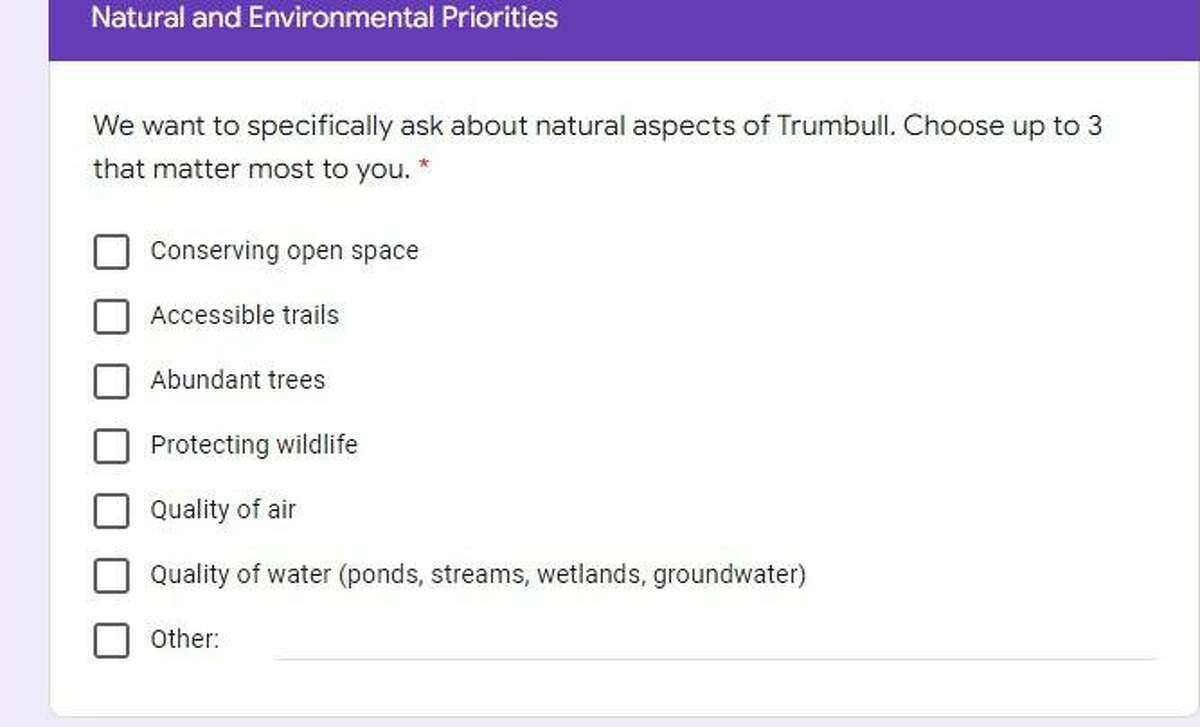 Some sample questions from a survey being down by the Trumbull Conservation Commission and Sustainable Trumbull. The survey is slated to go live April 1, 2022.