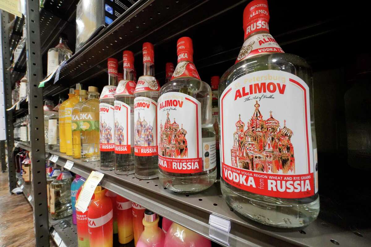 FILE - This is a display of Alimov Vodka, from Russia, in a Total Wine and More store in University Park, Fla., on Sunday, Feb. 27, 2022. In escalating the U.S. drive to squeeze Russia's economy, President Joe Biden moved Friday, March 11, with European and other key allies, to revoke Moscow’s “most favored nation” trade status. His administration also banned imports of Russian seafood, alcohol and diamonds. (AP Photo/Gene J. Puskar, File)