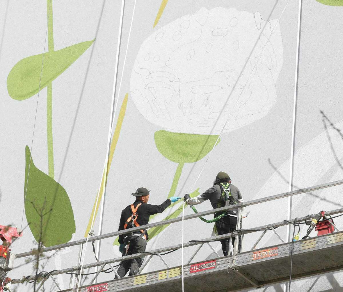 Workers paint flowers using several lifts along a 35,000-square-foot mural at The Woodlands Waterway, Tuesday, March 29, 2022, in The Woodlands. Since late last week, a fourteen-person crew has worked to transform the south wall of the Waterway Square garage into the art piece reaching 105 feet all and 358 feet wide, which will anchor the new 2.3-acre outdoor community gathering space. The mural will be unveiled during The Woodlands Waterway Arts Festival, which begins April 9.