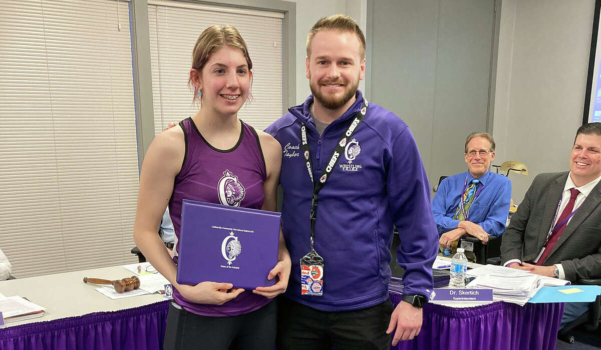Taylor Dawson, a freshman at Collinsville High, was honored by the school board and superintendent on March 22. She was recognized for outstanding performance during the 2021-2022 wrestling season.