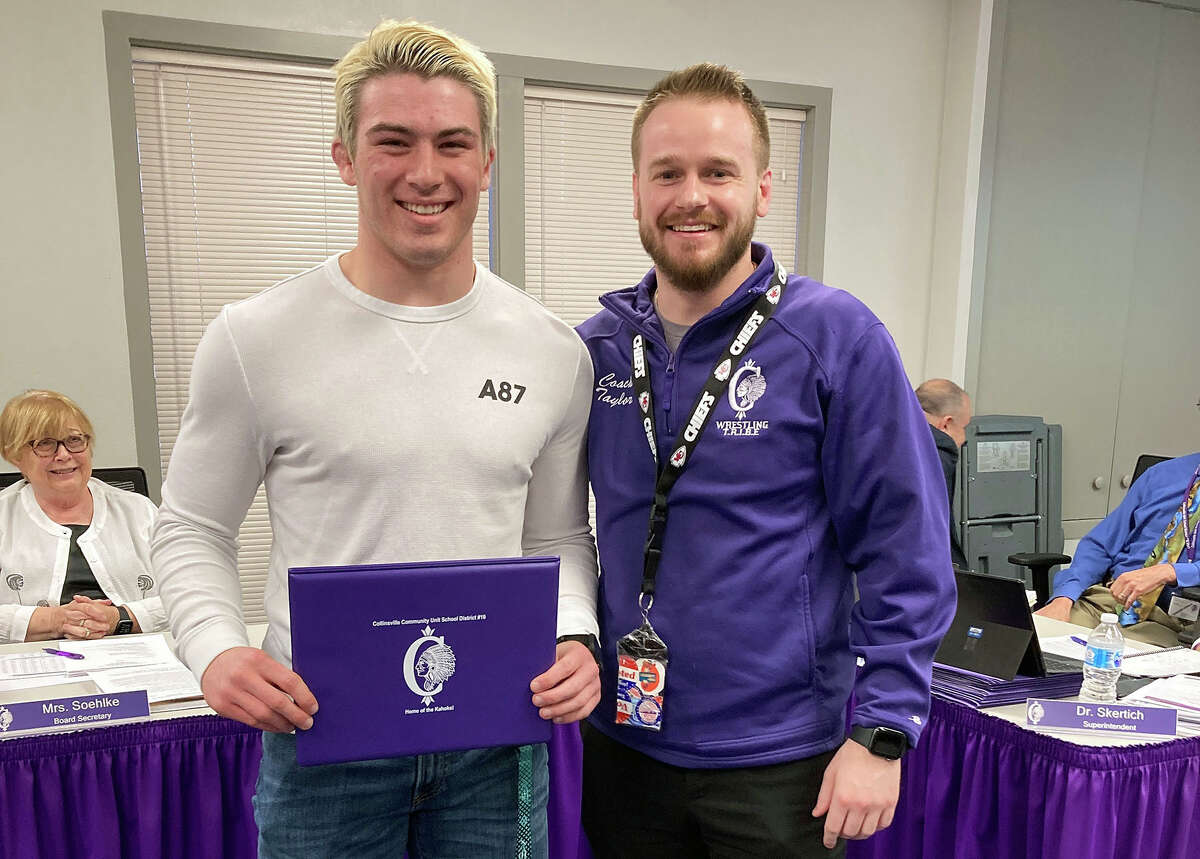 Austin Stewart, a senior at Collinsville High, was honoroed by the school board and superintendent on March 22. He was recognized for outstanding performance during the 2021-2022 wrestling season. 