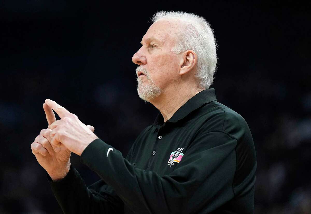 Head coach Gregg Popovich of the San Antonio Spurs calls out a play to his players against the Golden State Warriors in the fist half of an NBA basketball game at Chase Center on March 20, 2022, in San Francisco.