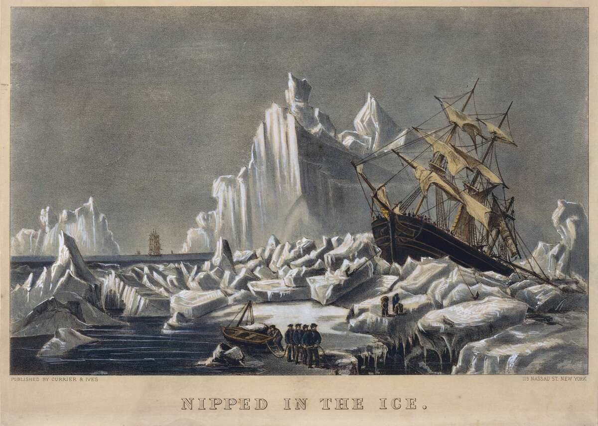 © Mystic Seaport. The title of this lithograph, “Nipped in the Ice,” understates the power of tons of shifting Arctic ice, a hazard that was a constant threat to Connecticut’s Arctic whalers in the 1800s.