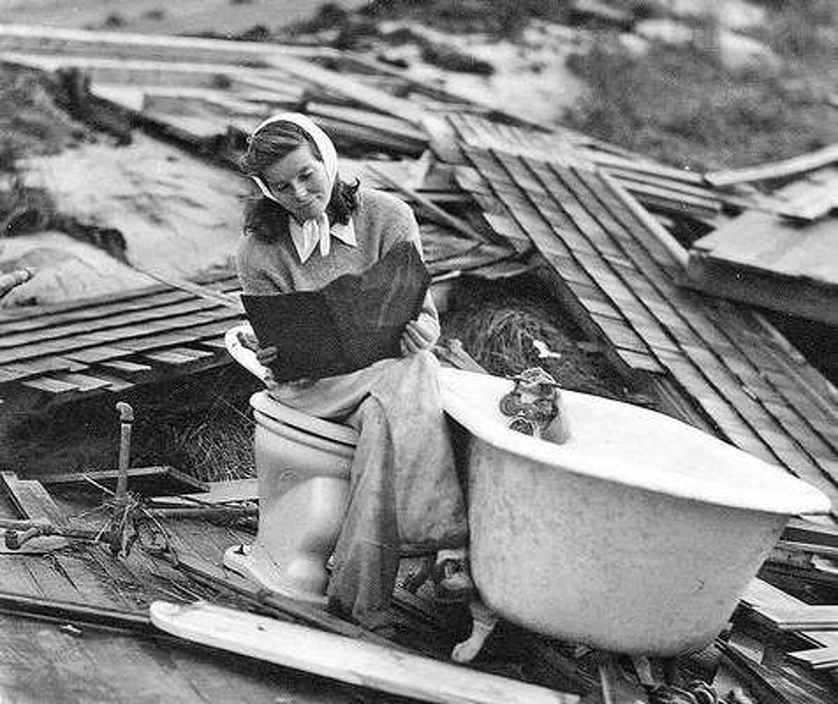 Katharine Hepburn amid the remains of her home in Old Saybrook after the Hurricane of '38.